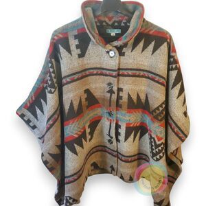 Anna-Be Southwestern Print Button Poncho Medium Turquoise
